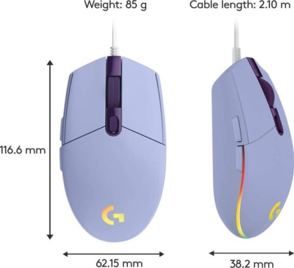 Logitech G203 Lightsync RGB Lighting 800 DPI, 6 programmable buttons Optical Wired Gaming Mouse (Lilac) - Image 3