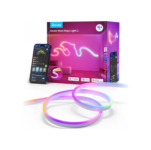 Govee Neon Rope Light 2, Matter, RGBIC, 12 Music Modes, 64 Scene Modes, Upgraded Bend Clips, Softer Material, Shape Mapping, 2.4GHz Wi-Fi + Bluetooth App Conectivity, 5m Length | H61D5