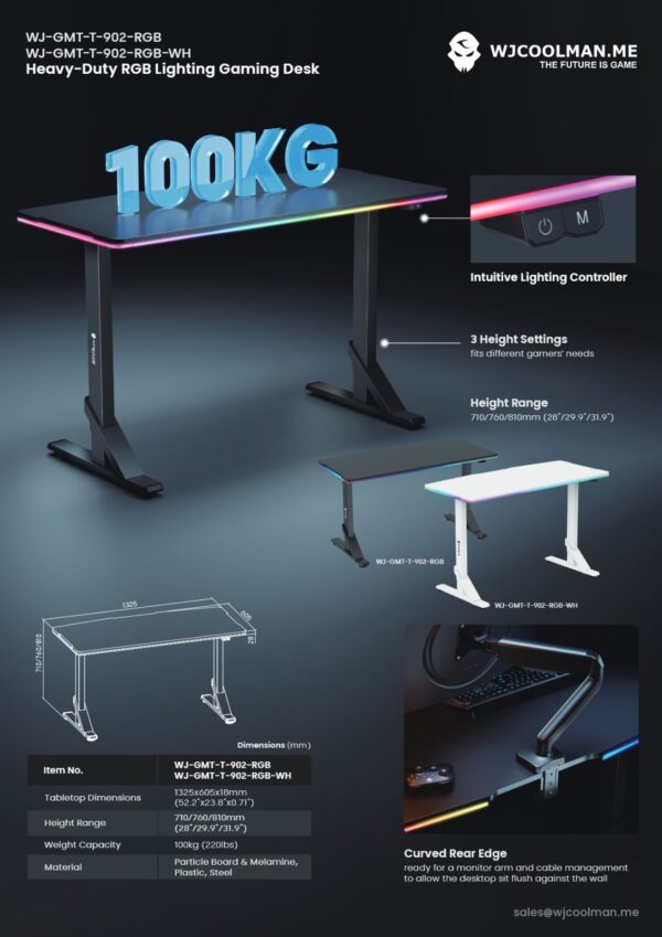 WJ Coolman T-Shaped Gaming Desk – Black RGB - Image 4